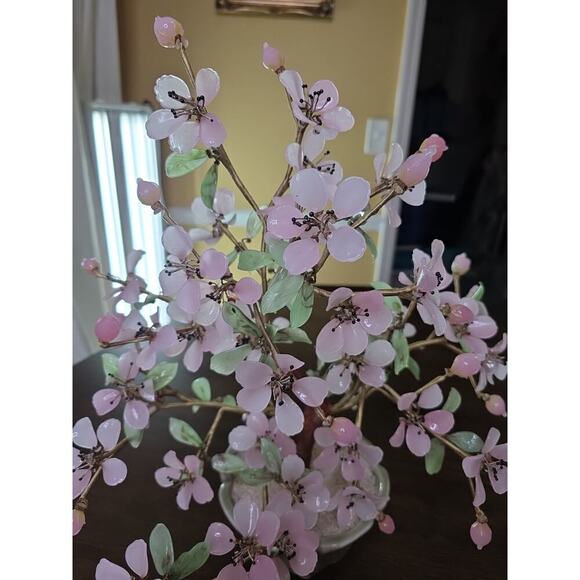 Vintage Large Mid Century Chinese Jade Glass Agate Bonsai Flower Tree 15 X 18 - Picture 11 of 16